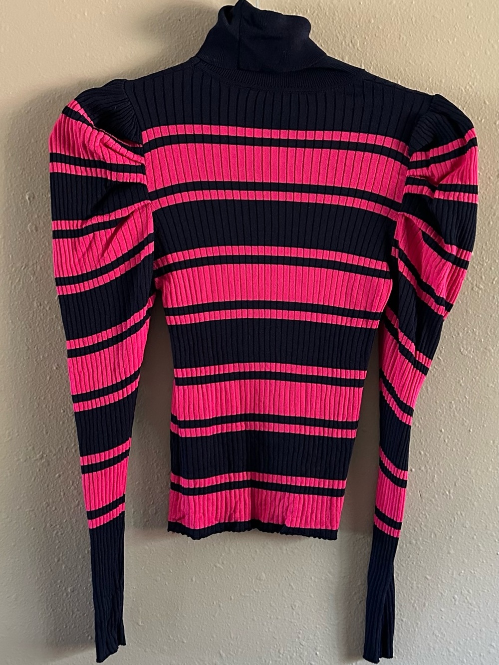 Zara Pink & Black Striped Puff-Sleeve Turtleneck